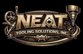 Metallic, industrial-style logo for "NEAT TOOLING SOLUTIONS, INC." featuring a gear, machinery, and a dark background.