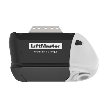 LiftMaster garage door opener, black and white, with mounting bracket and myQ logo.
