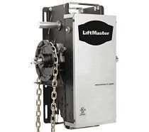LiftMaster commercial garage door opener with chain, on a black metal frame.