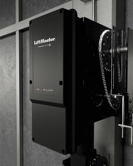Black and gray LiftMaster gate operator mounted on a wall. Chain mechanism visible.