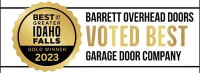 Best of Greater Idaho Falls 2023 badge beside Barrett Overhead Doors “Voted Best Garage Door Company” text