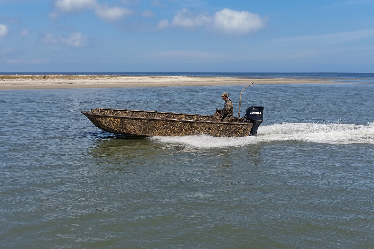 A camouflaged flat-bottom boat with a motor moves quickly through calm coastal water near a sandy shoreline.
