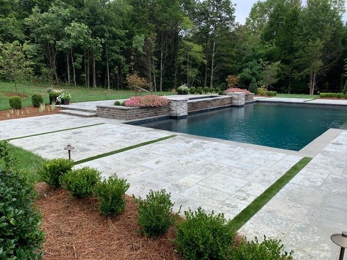 A large swimming pool in the middle of a backyard