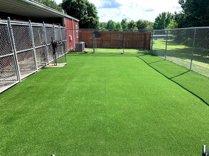 A large lawn with a chain link fence and a red barn in the background.