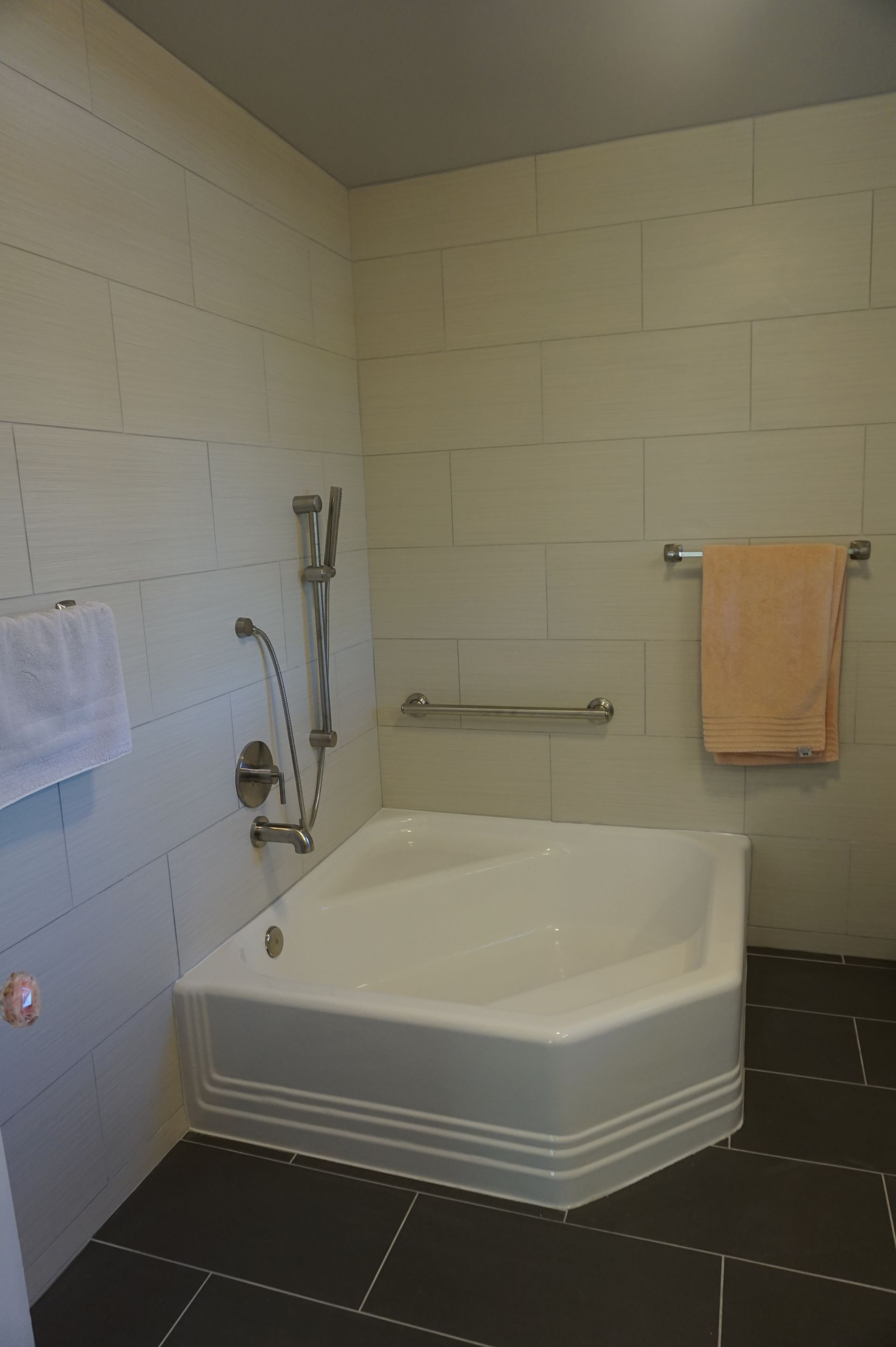 a bathroom with a bathtub and a shower