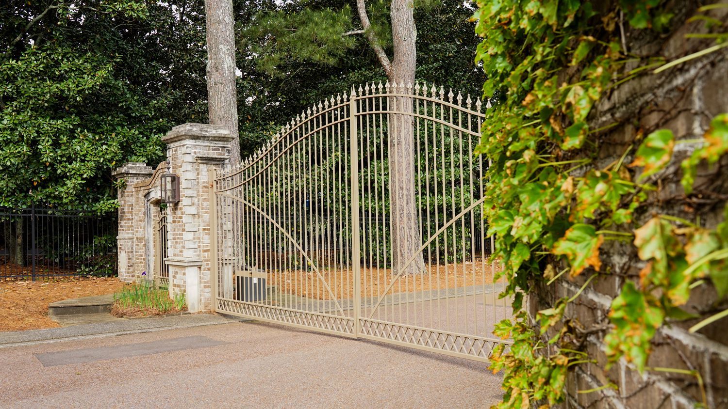 A wrought iron gate is surrounded by trees and ivy.