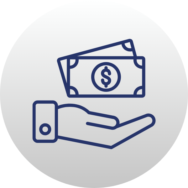 Blue outline of a hand holding cash bills and a dollar note, on a light gray circle background