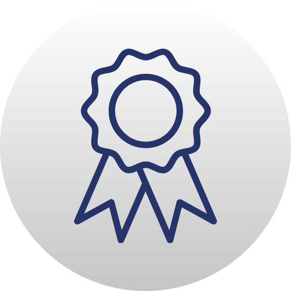 Blue award ribbon icon on a light gray circle background