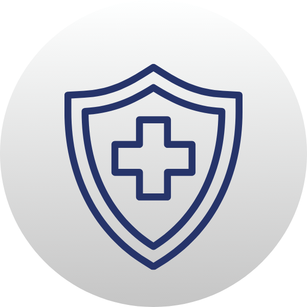 Blue shield with a medical cross icon on a light gray background