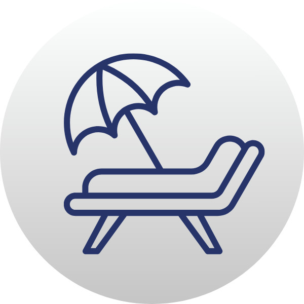 Blue line icon of a beach lounge chair with umbrella on a gray circular background
