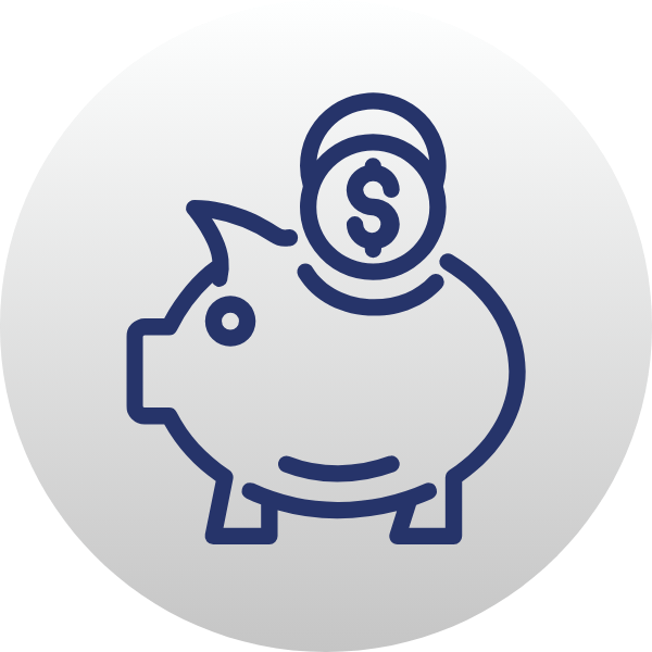 Blue outline piggy bank with a dollar coin above it on a light gray circle background
