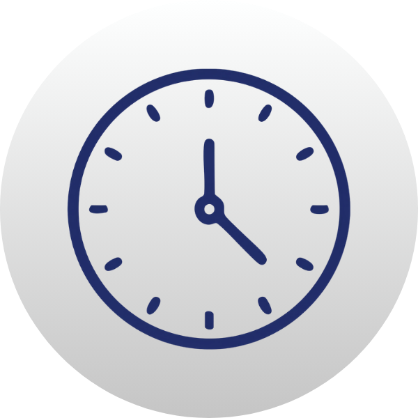Blue clock icon on a light gray circle background