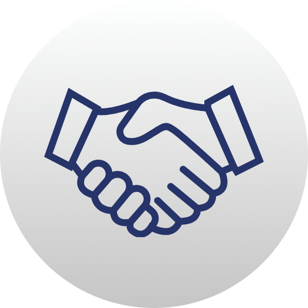 Blue handshake icon on a light gray circle, symbolizing agreement or partnership