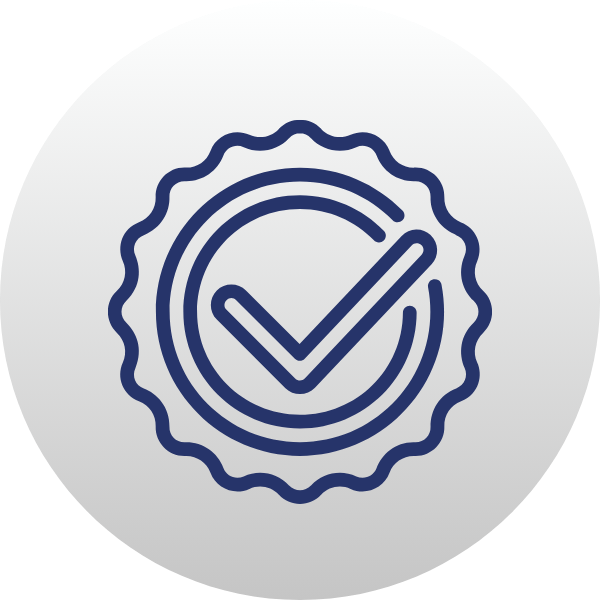 Blue checkmark badge icon with a scalloped edge on a light gray background
