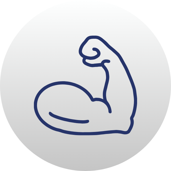 Blue flexed bicep icon inside a light gray circle
