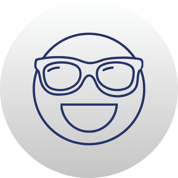 Blue line-art smiling face with glasses on a light gray circular background