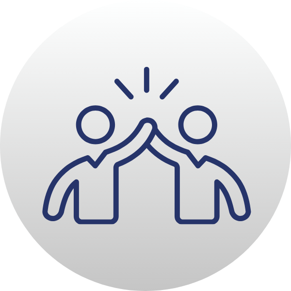 Two blue outlined people high-fiving inside a gray circle icon
