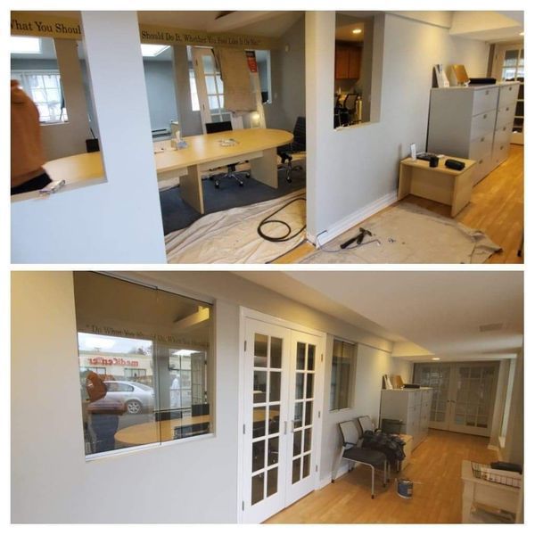 Two photos show office renovation: interior with tables/cabinets, and exterior with window views, white walls.