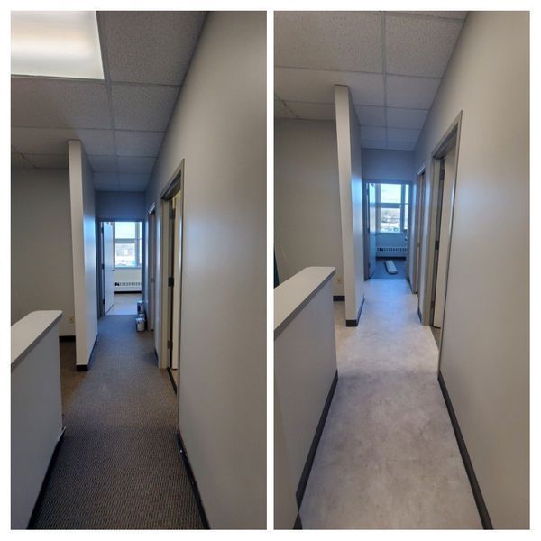 Two side-by-side photos of a narrow office hallway. Gray carpet in left photo, light gray in the right. Doors line the walls.
