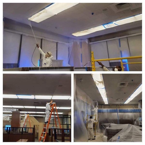 Three-panel image: Painters in protective suits spray painting a room's ceiling. Blue tape protects lights and walls.