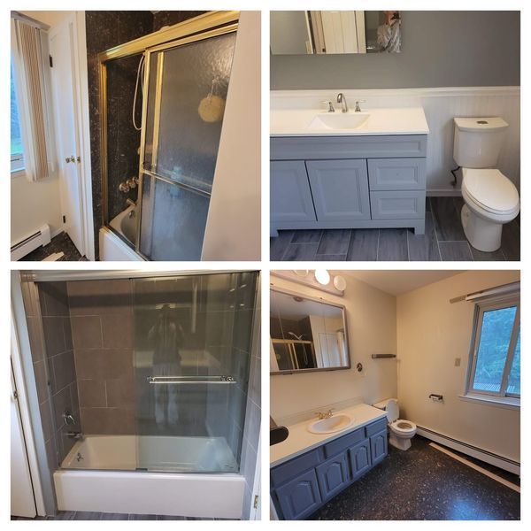 Four bathroom images: dark tile, blue vanity, grey and white. Clean modern look.