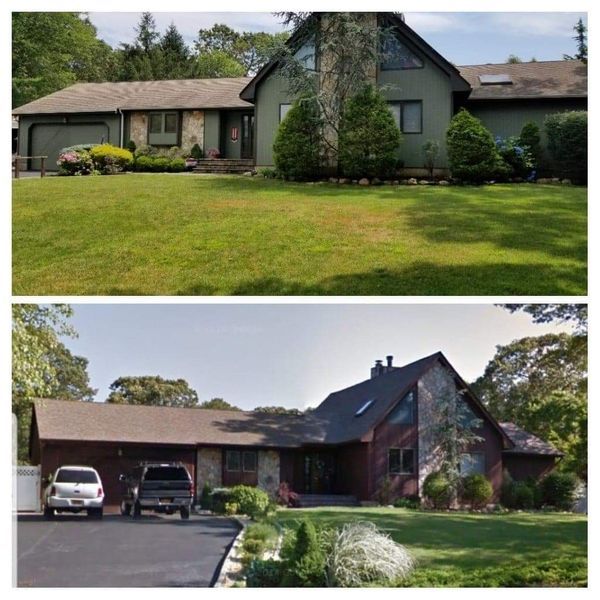 Top: Green house with gray roof. Bottom: Red house with brown roof, car parked in front.