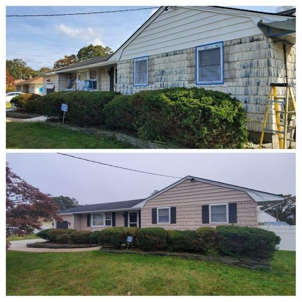 Before and after photos of a house; exterior painting.  The siding color changes, new shutters, and landscaping trimmed.