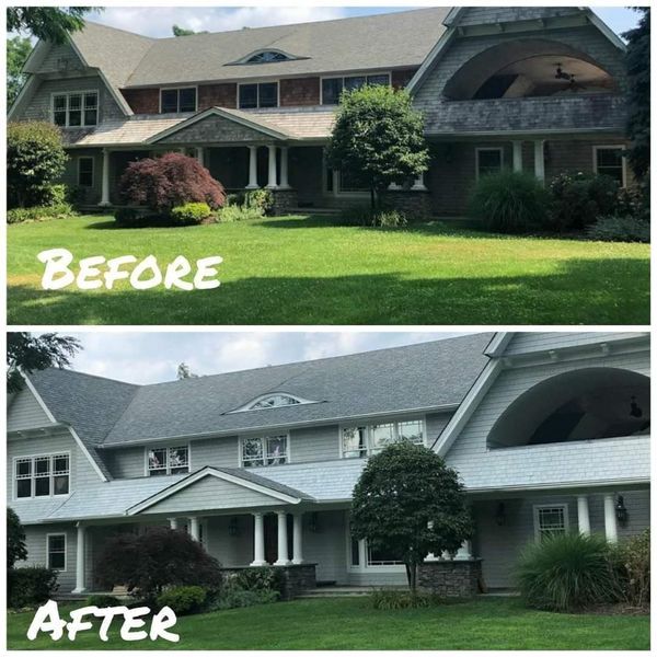 Before and after view of a house: light gray paint job, new roof, improved landscaping.