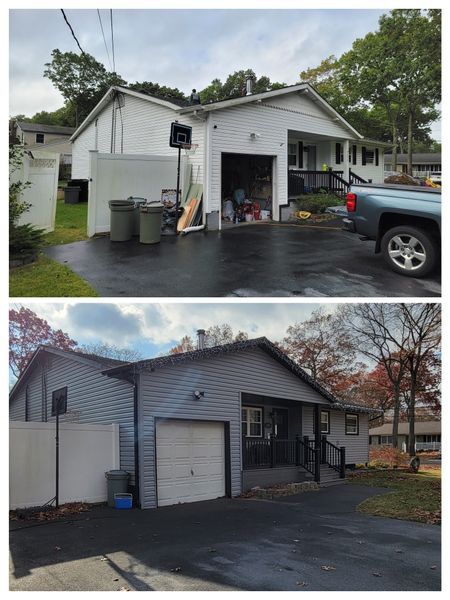 House exterior before and after renovation: white to gray siding, new garage door and railings.