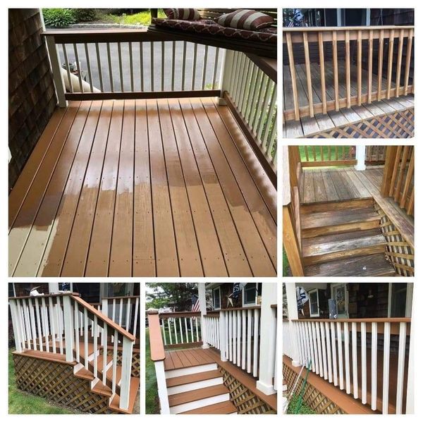 Deck being stained brown with white railings.