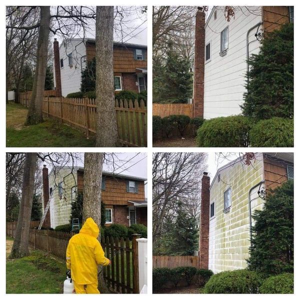 Four-panel image showing a house before and after pressure washing. A person in yellow is spraying the side of the house.