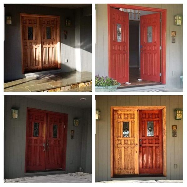 Four images show a wooden front door. It is brown and red, open and closed, with a window.