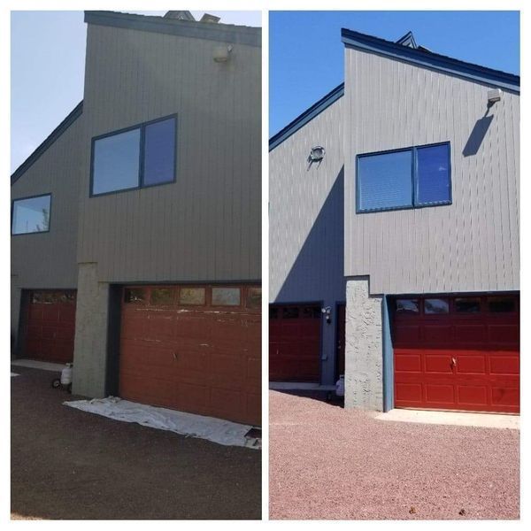 Side-by-side comparison of a house exterior. Before: grey siding, red garage doors. After: brighter grey, red doors, blue sky.