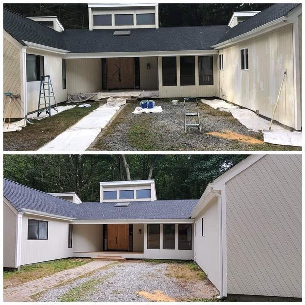Top: House exterior before painting, with paint supplies and ladder. Bottom: House exterior after fresh paint.