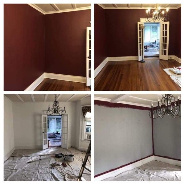 Four photos showing a room being painted: walls transitioning from burgundy to gray, with white trim and a chandelier.