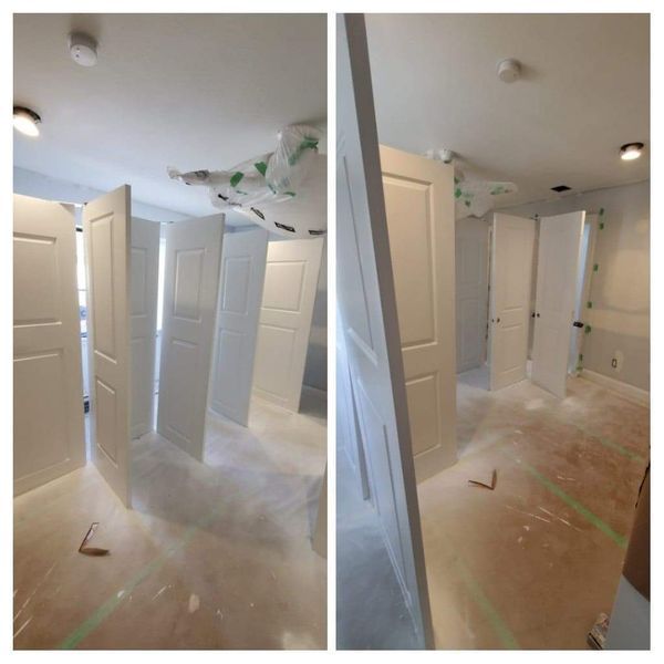 Two photos of a room with several white doors propped open for painting. Floor covered in plastic.