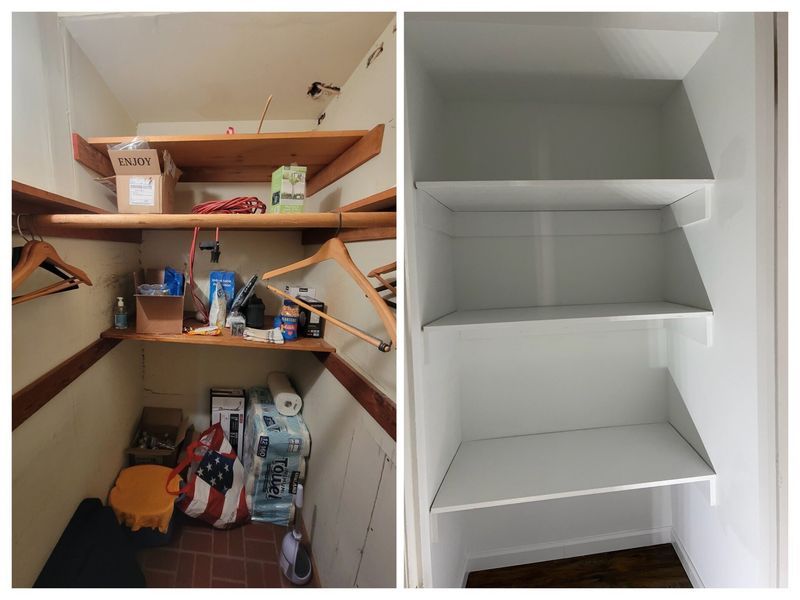 Before and after photos of a closet. Left: cluttered wood shelves. Right: clean, white shelves.