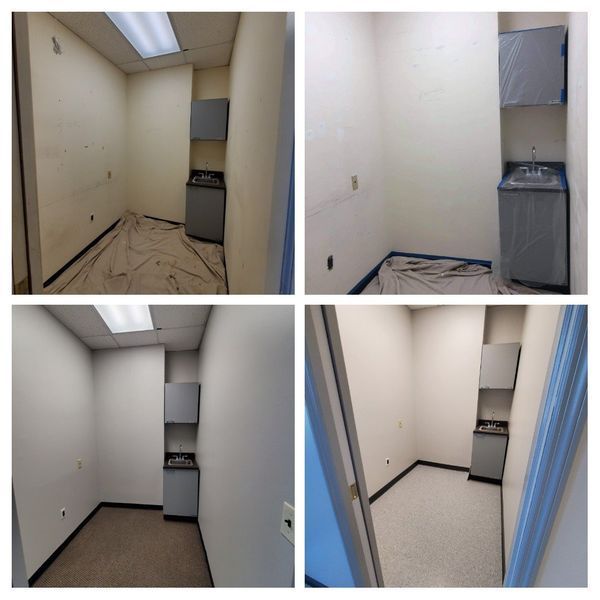 Four photos of a small, empty room with gray cabinets and a sink, freshly painted white, and blue tape around the floor.