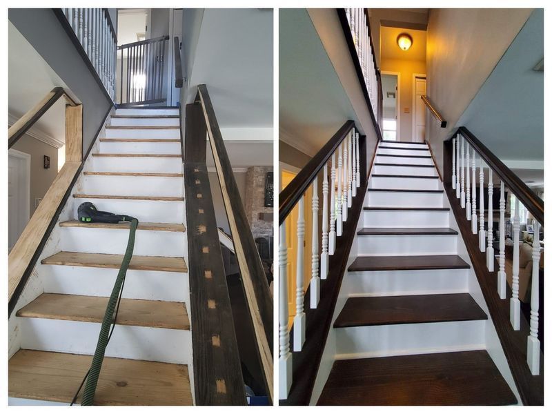 Two staircases, before and after renovation, with white steps, dark wood railings, and white balusters.