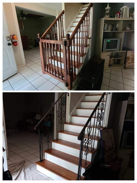 Top: Staircase with wooden banister. Bottom: Staircase with white steps and black metal railings.