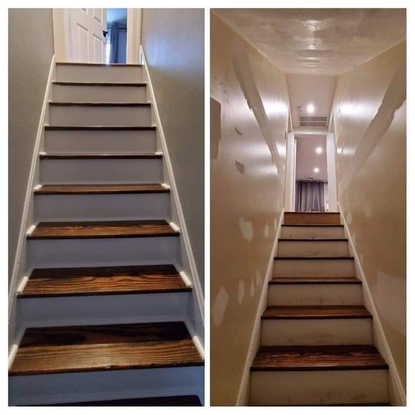 Before and after photos of a staircase renovation; dark wooden steps, white trim and walls, doorway at top.