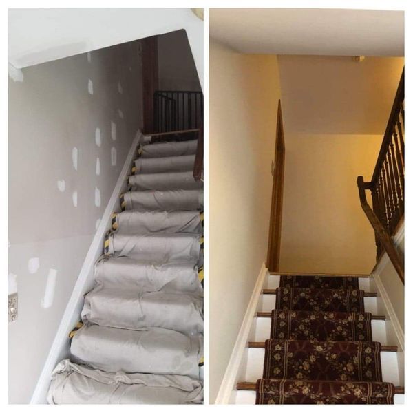 Before and after of a stairwell being painted. Walls change from gray to beige; stairs feature carpet.