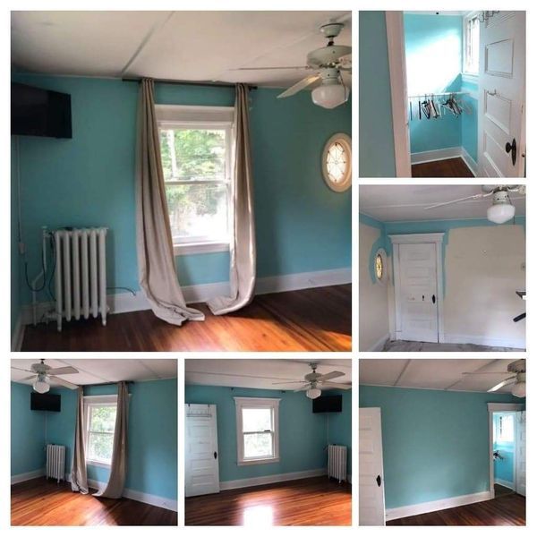 Collage of a room with turquoise walls, hardwood floors, and a large window, with white trim and beige curtains.