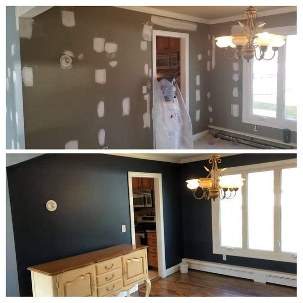 Before and after photos of a room being painted dark blue, showing wall repair and a finished room with a buffet.
