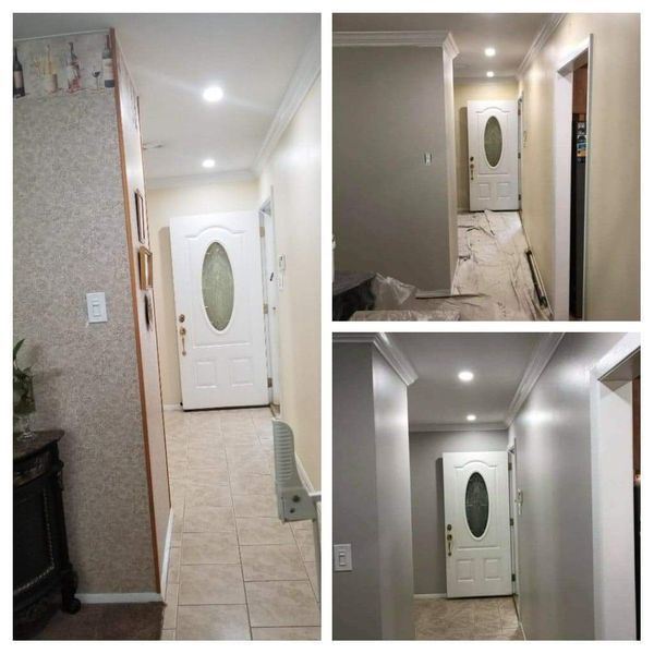 Hallway renovation: before, during, and after views.  White doors, beige, gray walls, crown molding, new lighting.