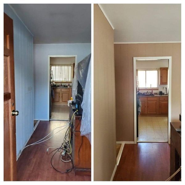 Two side-by-side photos: hallway with blue walls before, and beige walls after a paint job.