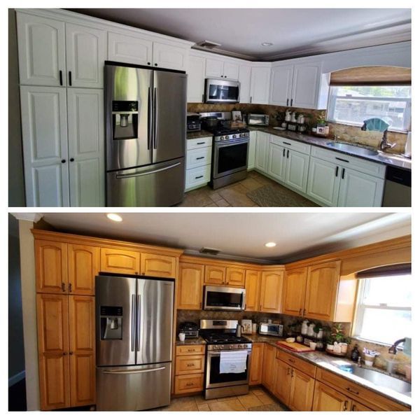 Two kitchen photos: one with white cabinets, the other with wood cabinets, featuring a stainless steel fridge and oven.