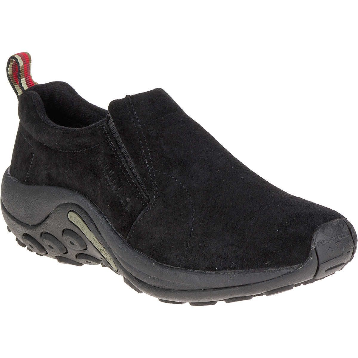 A pair of black merrell shoes on a white background