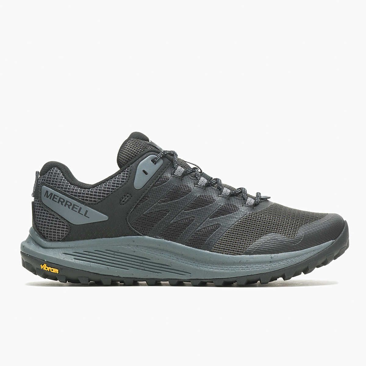 A pair of black merrell trail running shoes on a white background.