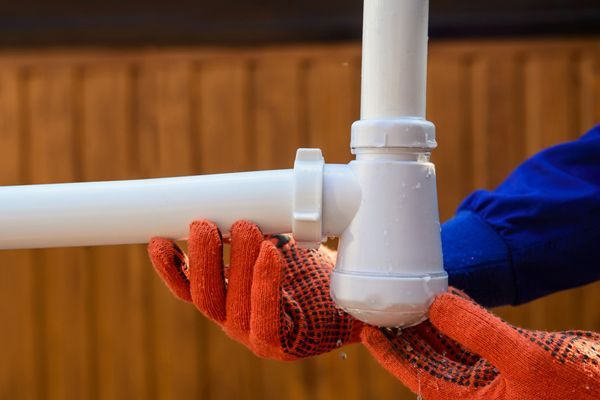A person wearing orange gloves is fixing a pipe.
